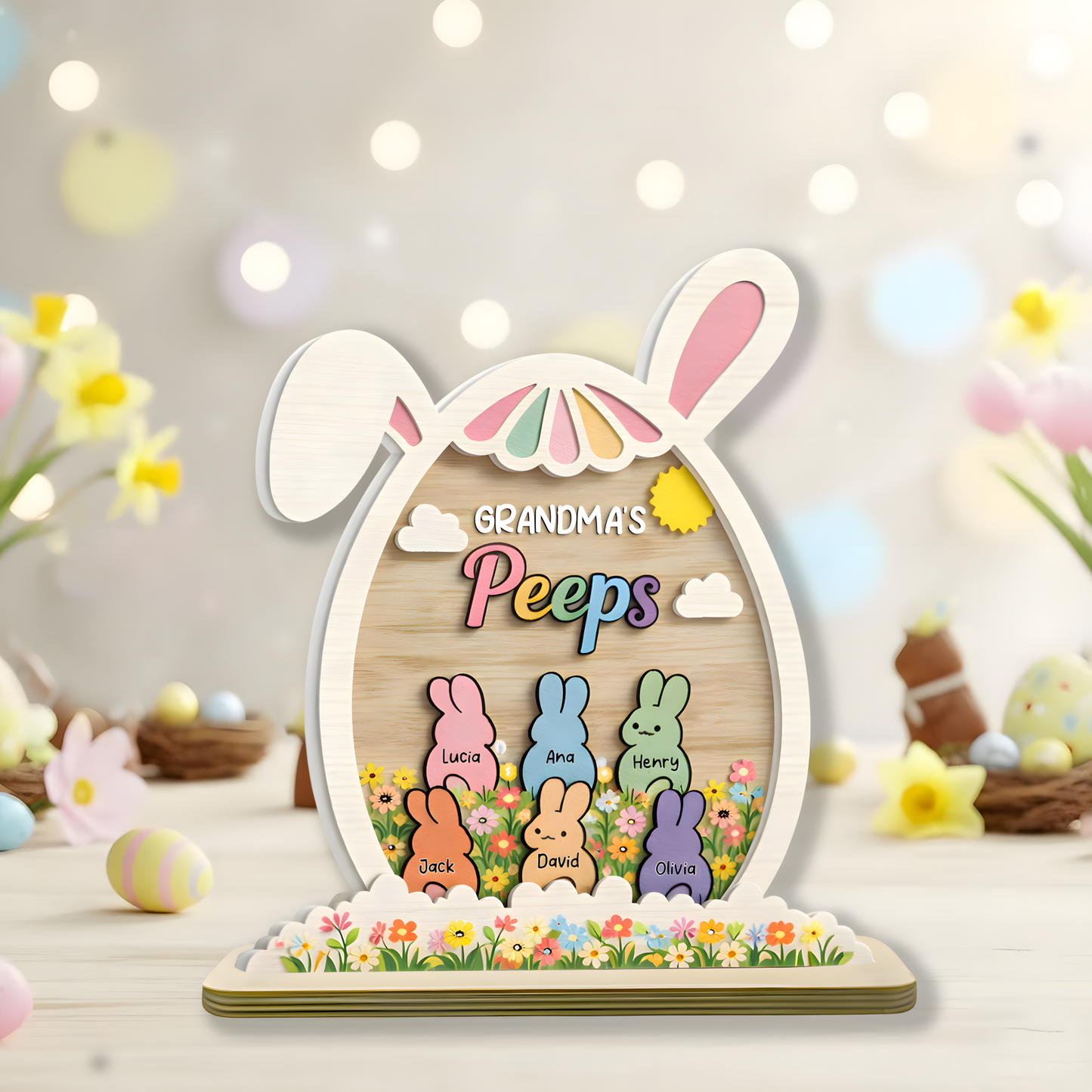 Personalized Easter 2-Layer Wooden Plaque - Custom Family Name Spring Decor for Grandma