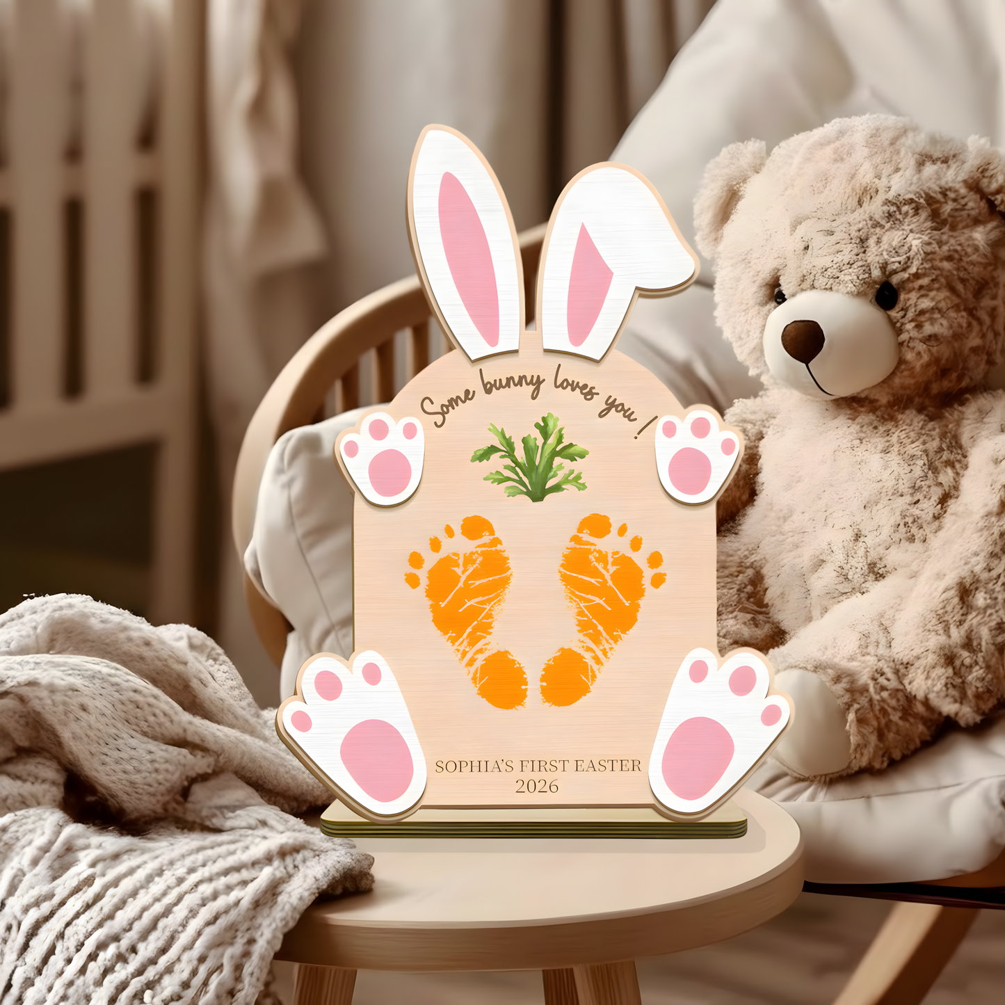 Personalized First Easter Wooden Plaque - "Some Bunny Loves You" with Baby’s Footprints, Custom Name and Date