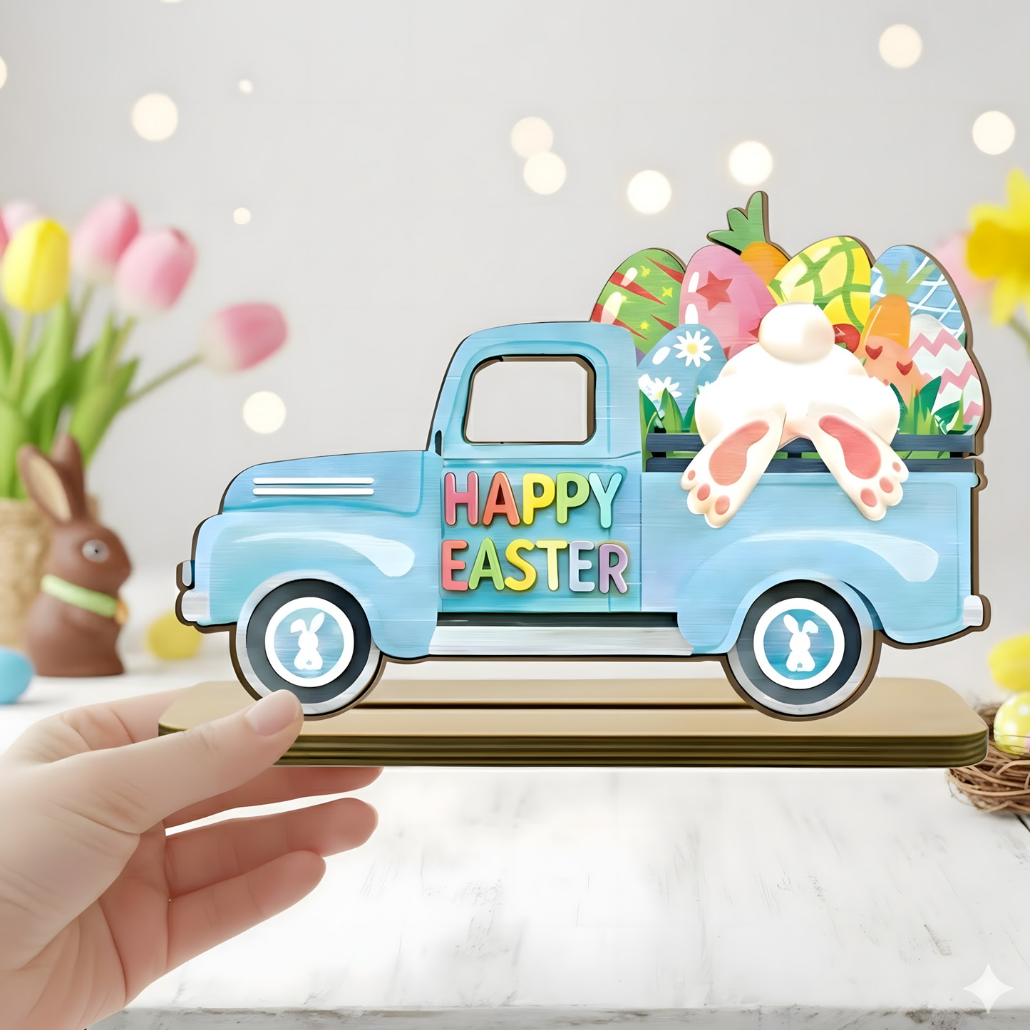 Personalized Easter Wooden Truck Plaque - Custom "Happy Easter" Decor with Colorful Eggs and Bunny Design