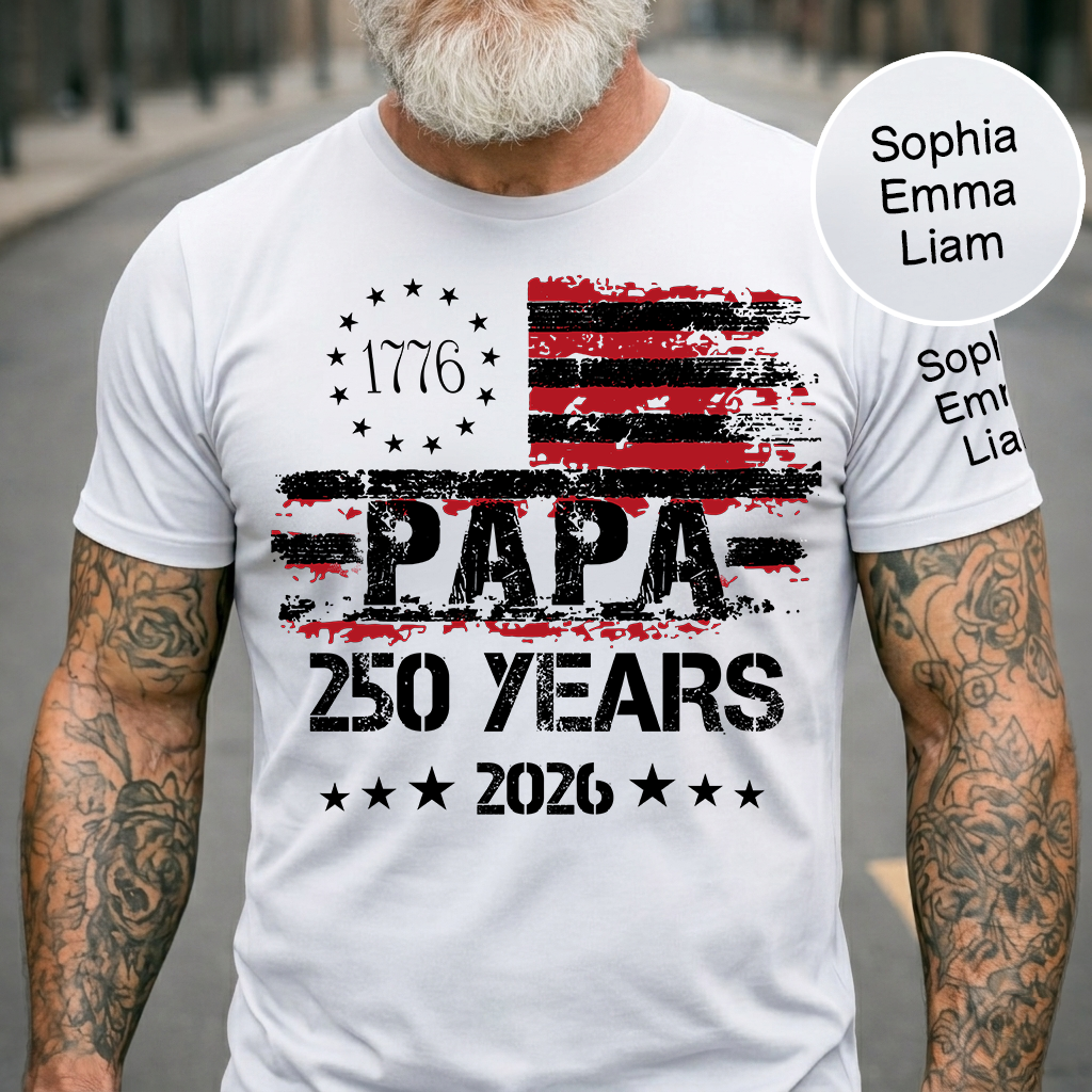 Personalized Papa 250 Years Shirt Custom Kids Names Sleeve, Patriotic American Flag Family T Shirt for 4th of July, Fathers Day Gift for Dad Grandpa, U.S. 250th Anniversary 2026