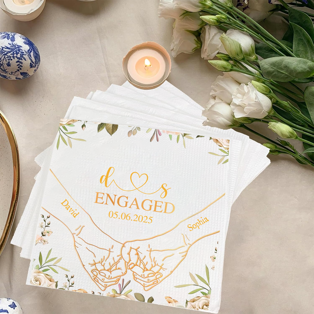 Personalized Engagement Napkins with Holding Hands & Names – Custom Date