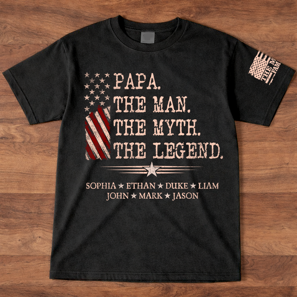 Custom Papa Shirt The Man The Myth The Legend with Kids Names, Vintage American Flag Dad Tee, Patriotic Gift for Father