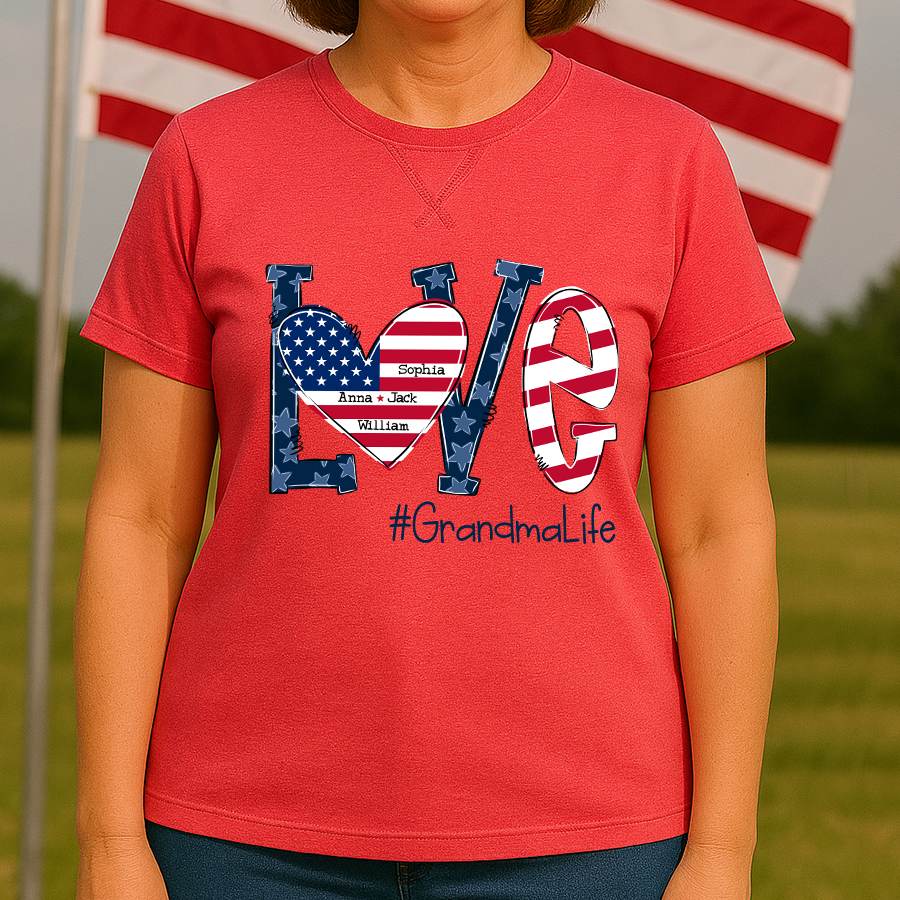 Love Grandma Life With Grandkids Names 4th Of July Flag Classic X-Stitch Tee