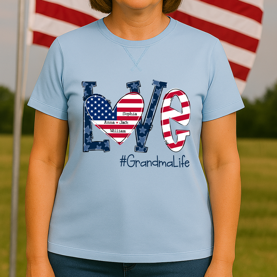 Love Grandma Life With Grandkids Names 4th Of July Flag Classic X-Stitch Tee