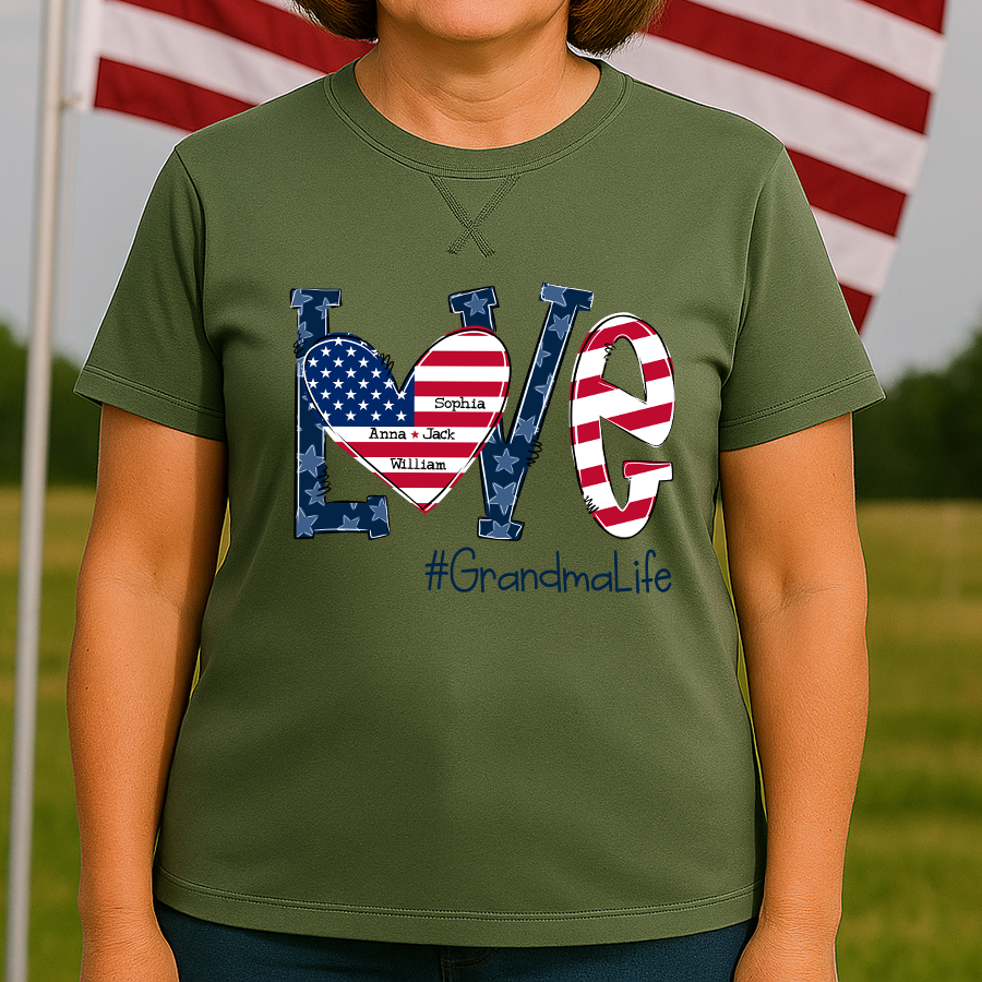Love Grandma Life With Grandkids Names 4th Of July Flag Classic X-Stitch Tee