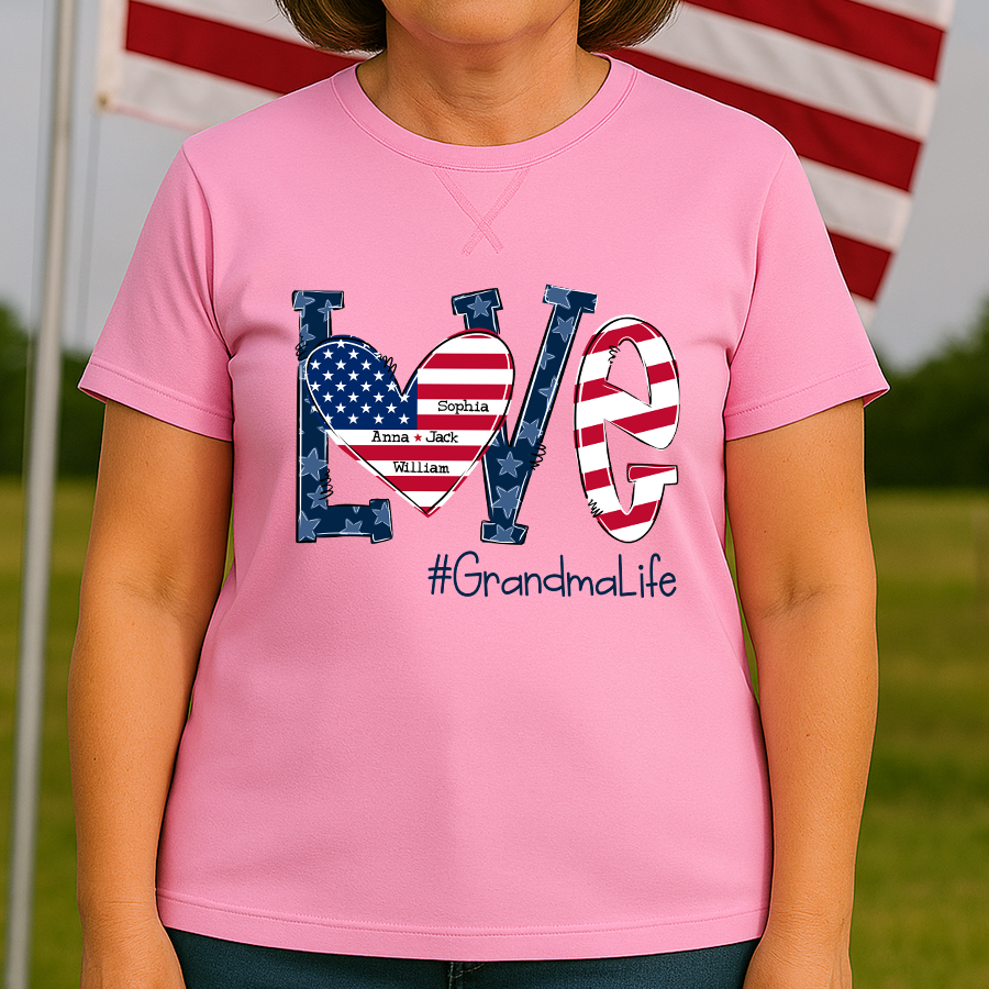 Love Grandma Life With Grandkids Names 4th Of July Flag Classic X-Stitch Tee