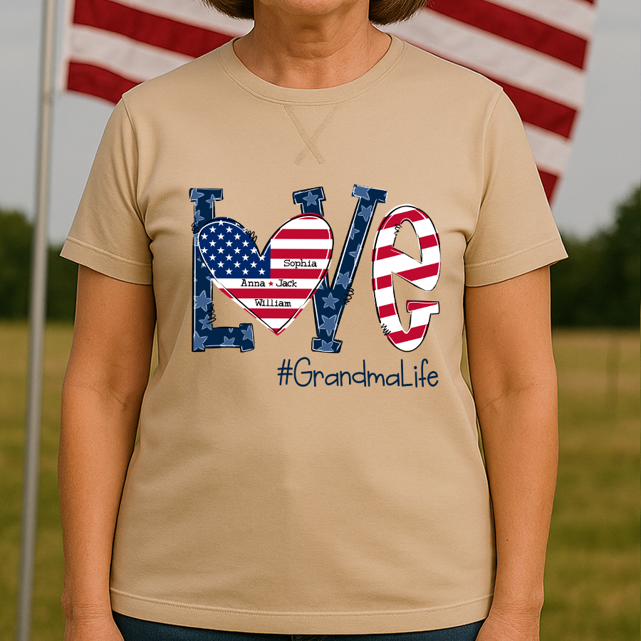 Love Grandma Life With Grandkids Names 4th Of July Flag Classic X-Stitch Tee