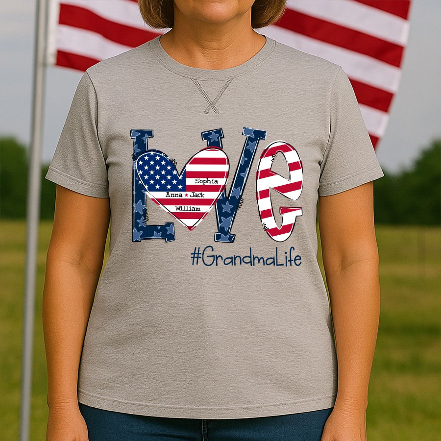 Love Grandma Life With Grandkids Names 4th Of July Flag Classic X-Stitch Tee
