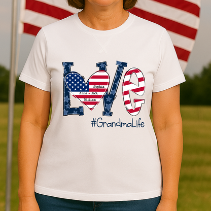Love Grandma Life With Grandkids Names 4th Of July Flag Classic X-Stitch Tee