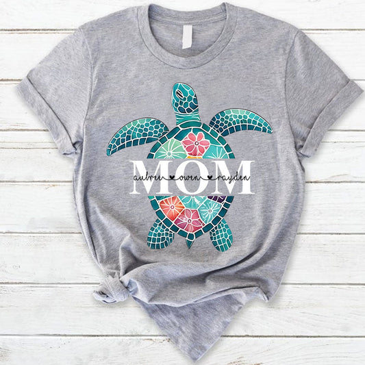 Personalized Mimi Sea Turtle Shirt, Custom Kids Names Floral Tee, Custom Family Names Gift for Grandma Shirt