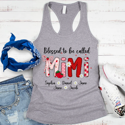 Blessed To Be Called Mimi, Mimi Strawberry And Grandkids Sweet Summer Time Shirt