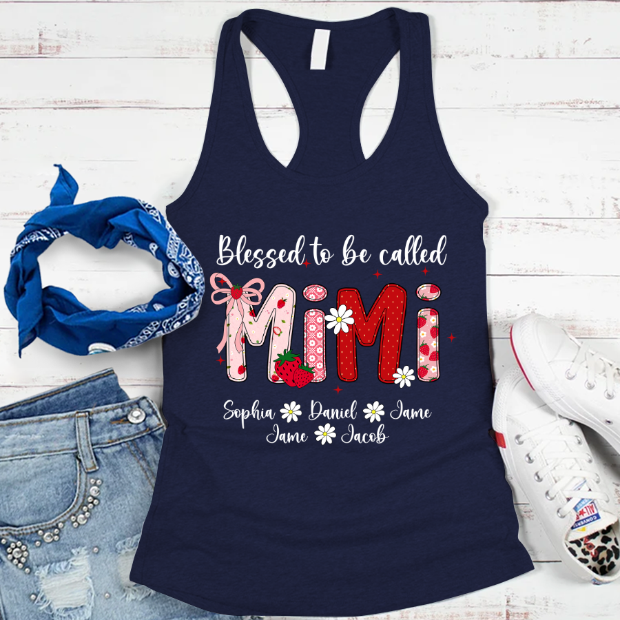 Blessed To Be Called Mimi, Mimi Strawberry And Grandkids Sweet Summer Time Shirt
