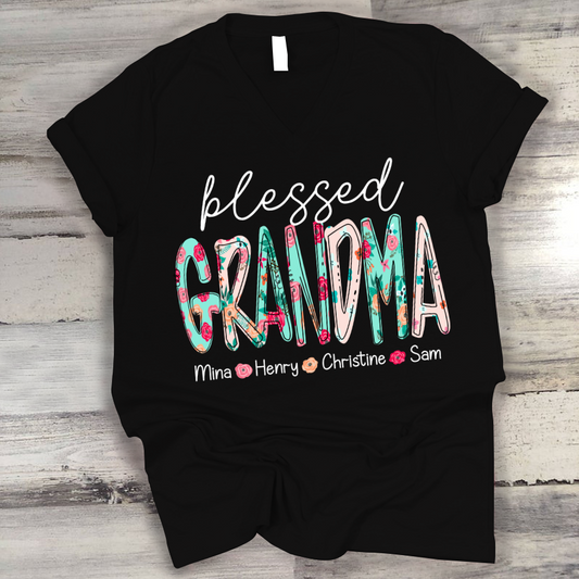 Blessed Grandma Flower And Grandkids Mother's Day V-Neck