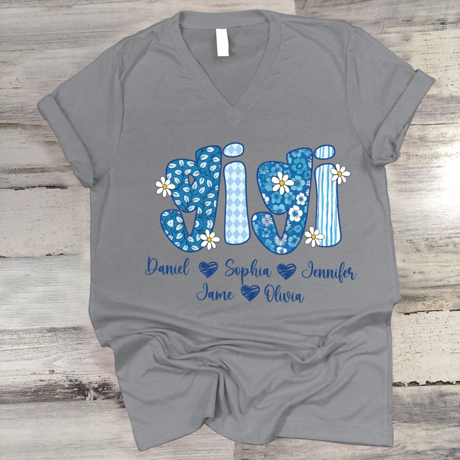 Blue Floral Gigi Personalized Grandma Gift with Grandkids Names Shirt