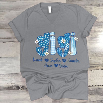 Blue Floral Gigi Personalized Grandma Gift with Grandkids Names Shirt
