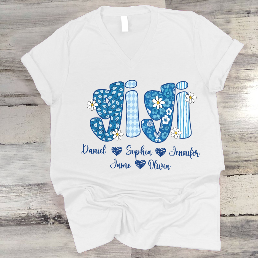 Blue Floral Gigi Personalized Grandma Gift with Grandkids Names Shirt