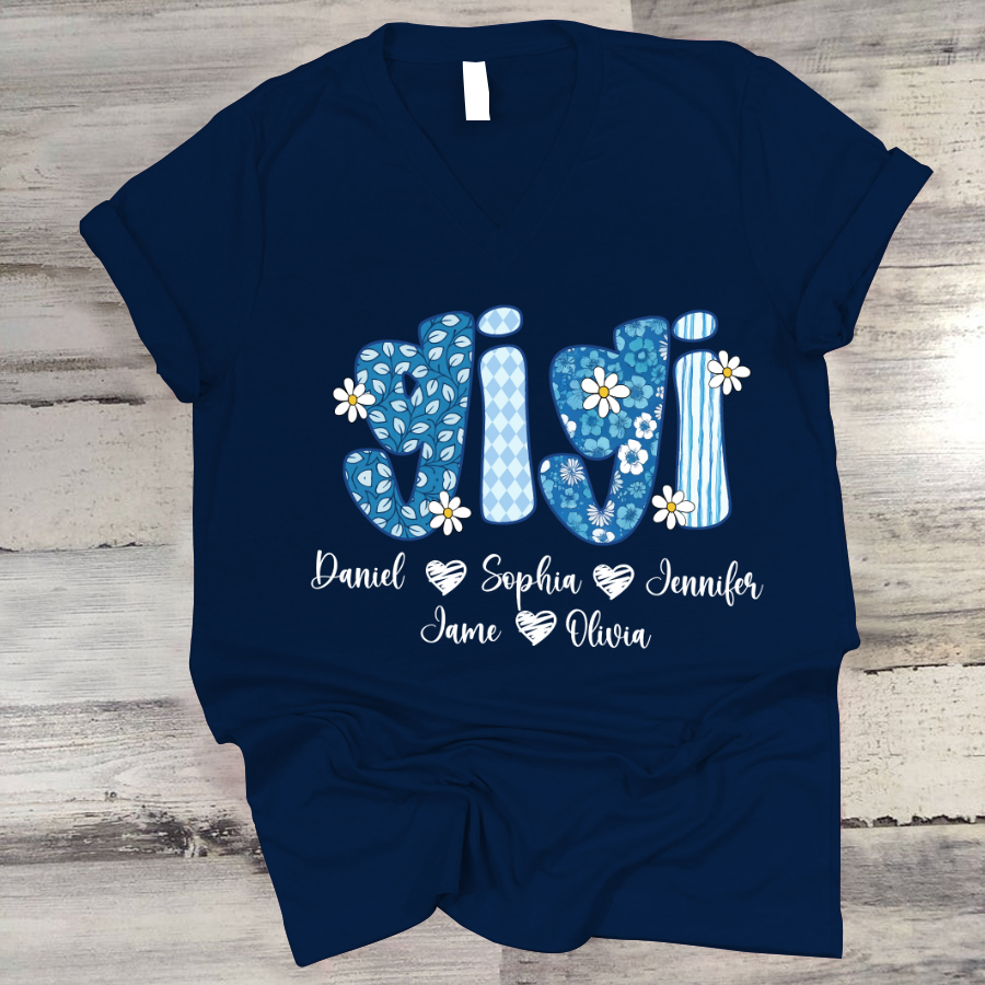 Blue Floral Gigi Personalized Grandma Gift with Grandkids Names Shirt