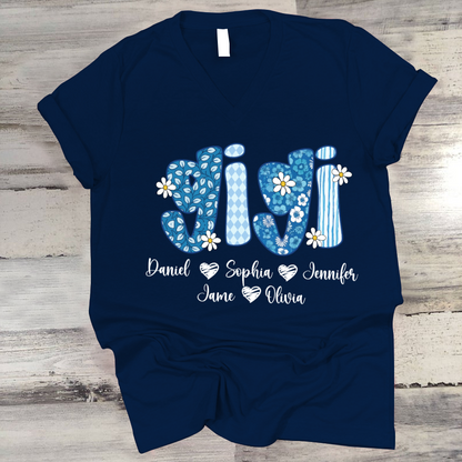 Blue Floral Gigi Personalized Grandma Gift with Grandkids Names Shirt
