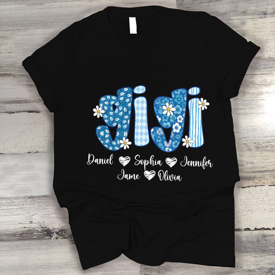 Blue Floral Gigi Personalized Grandma Gift with Grandkids Names Shirt