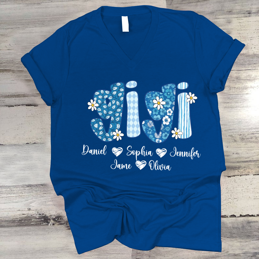 Blue Floral Gigi Personalized Grandma Gift with Grandkids Names Shirt