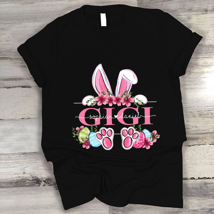 Gigi Bunny And Kids, Gift For Grandma, Grammy, Mama, Nana, Mimi, Mother Day CTH01 V-Neck