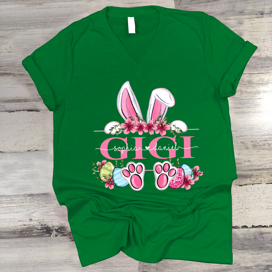 Gigi Bunny And Kids, Gift For Grandma, Grammy, Mama, Nana, Mimi, Mother Day CTH01 V-Neck