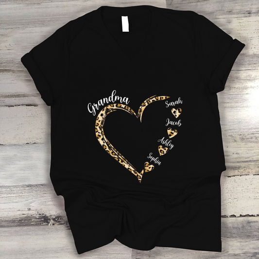 Grandma and Grandkids Hearts Leopard Mother's Day V-Neck