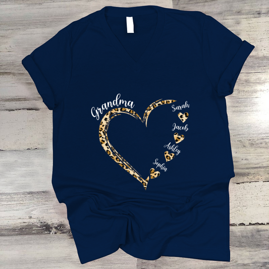 Grandma and Grandkids Hearts Leopard Mother's Day V-Neck