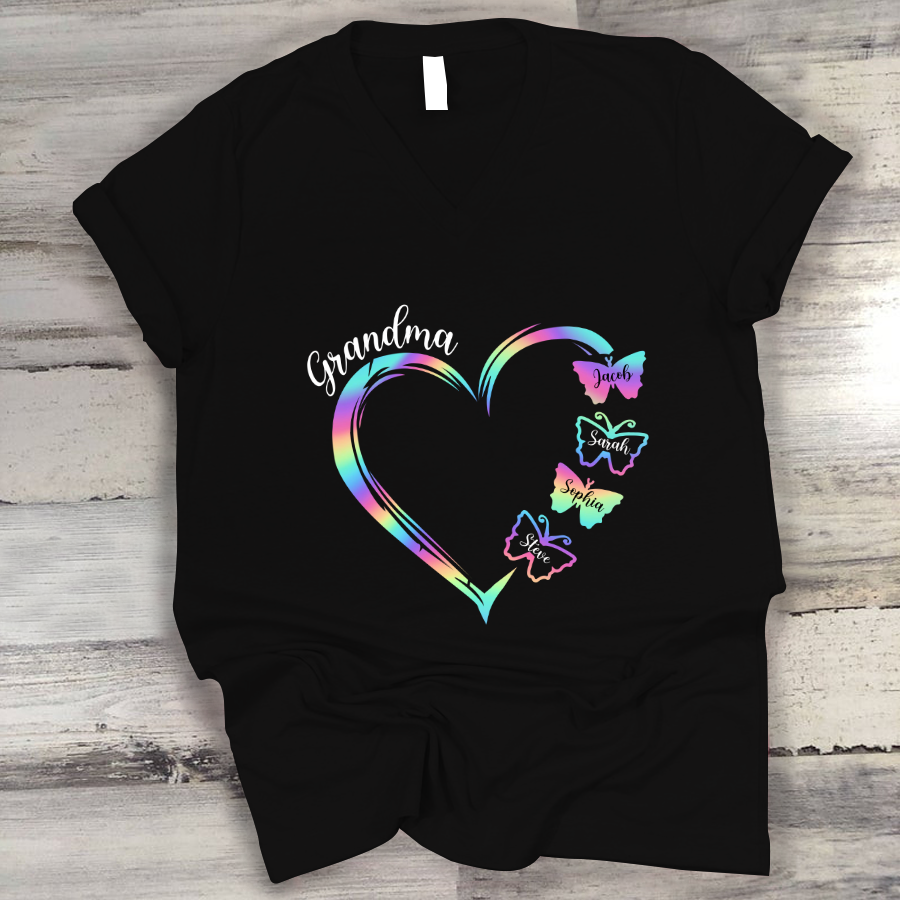 Grandma and Grandkids Hearts Rainbow Butterfly V-Neck