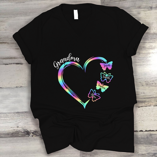 Grandma and Grandkids Hearts Rainbow Butterfly V-Neck