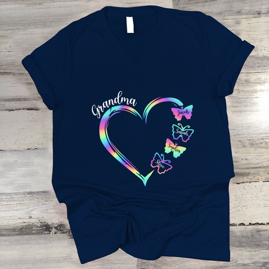 Grandma and Grandkids Hearts Rainbow Butterfly V-Neck