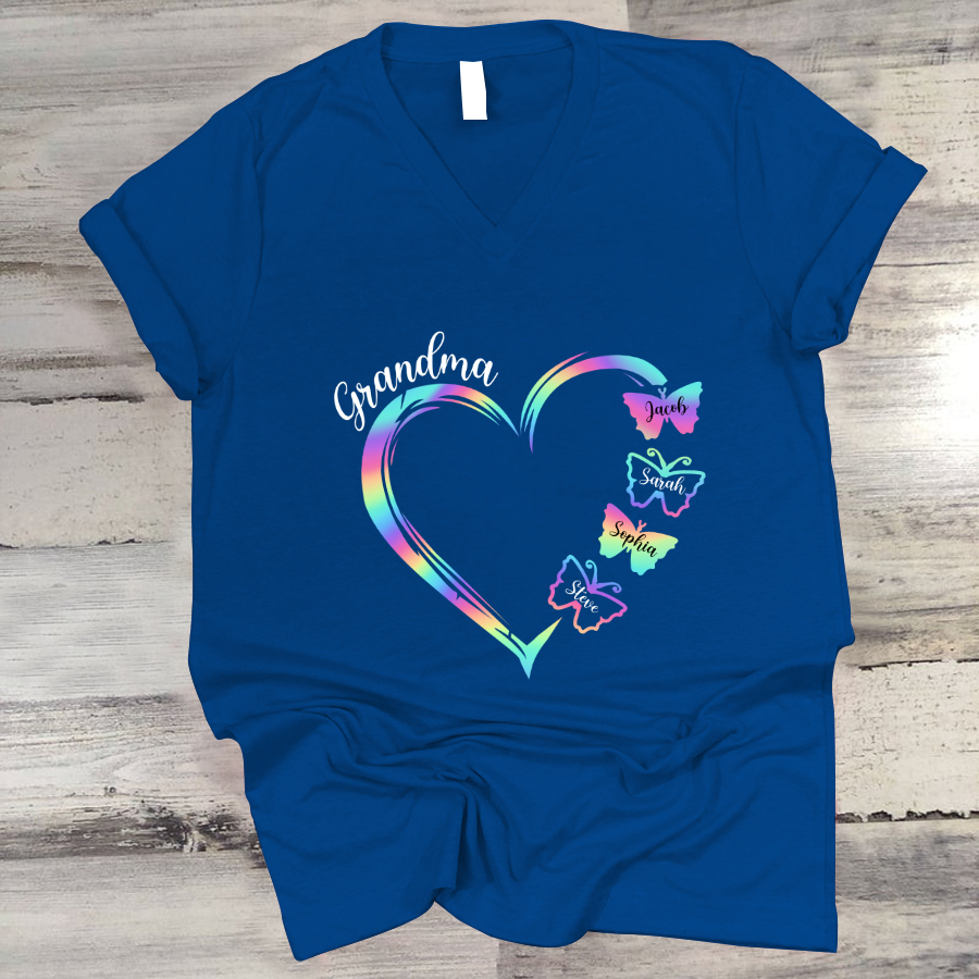 Grandma and Grandkids Hearts Rainbow Butterfly V-Neck