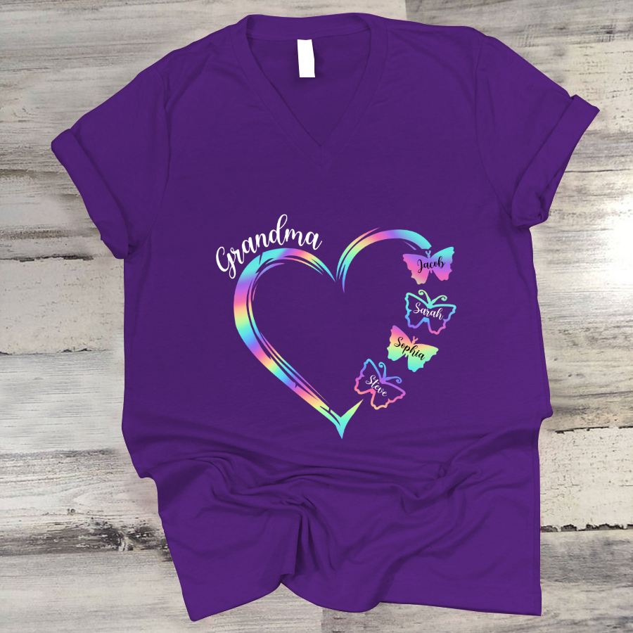 Grandma and Grandkids Hearts Rainbow Butterfly V-Neck