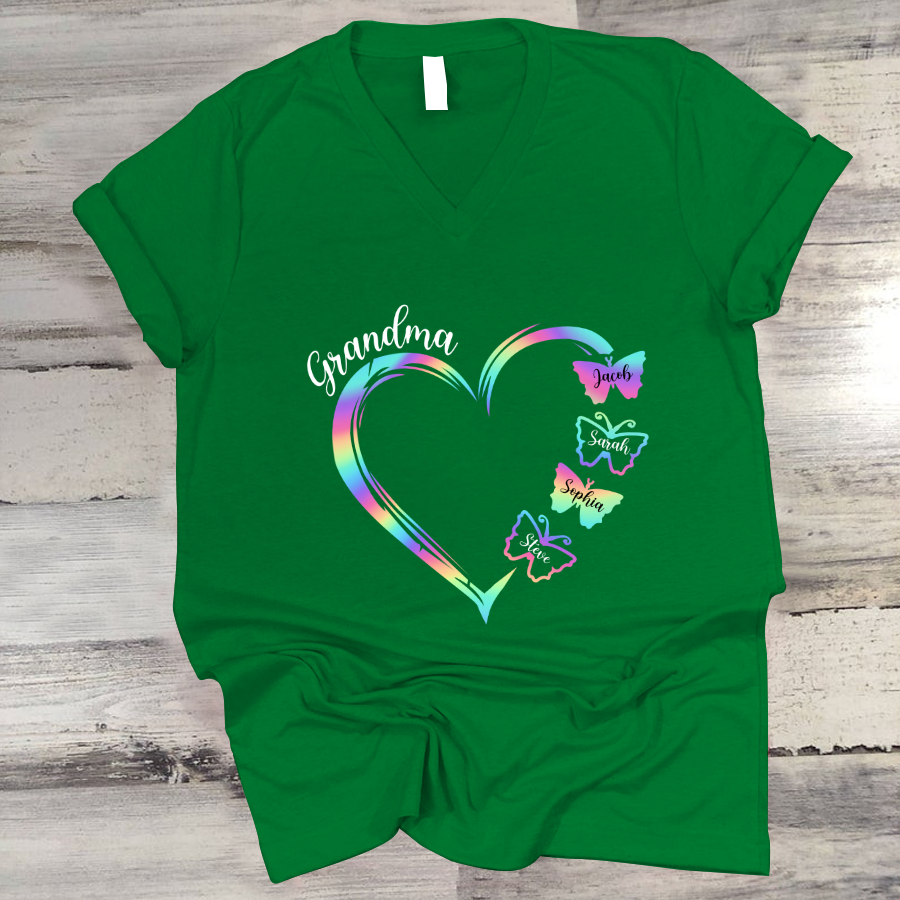 Grandma and Grandkids Hearts Rainbow Butterfly V-Neck