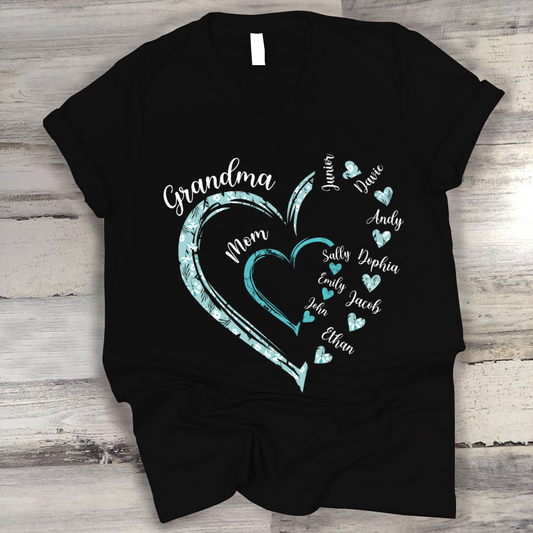 Heart Mom Grandma And Kids Custom Name Mother's Day V-Neck