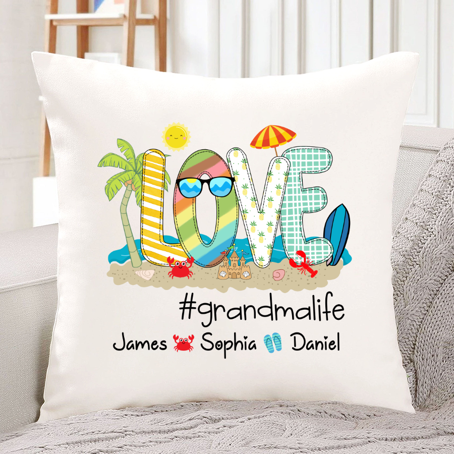 Love Grandma Life Summer Beach With Grandkids, Gift For Grandma Indoor Pillow