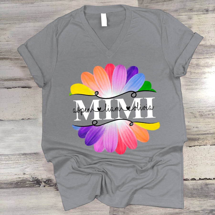 Mimi And Grandkids Flower Rainbow V-Neck
