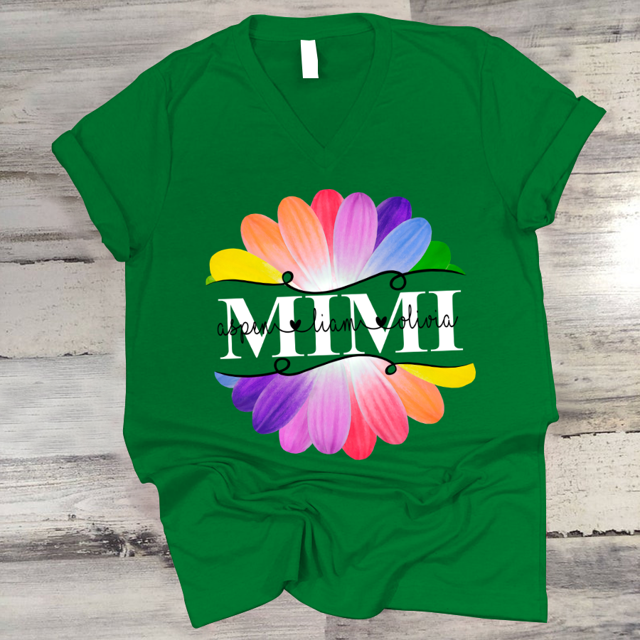 Mimi And Grandkids Flower Rainbow V-Neck