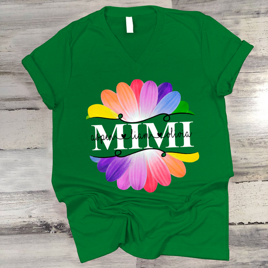 Mimi And Grandkids Flower Rainbow V-Neck