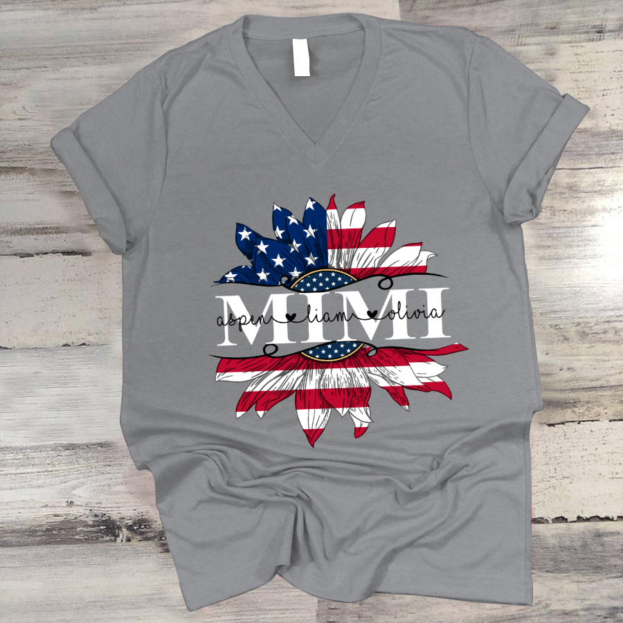 Mimi And Grandkids Sunflower Flag American V-Neck