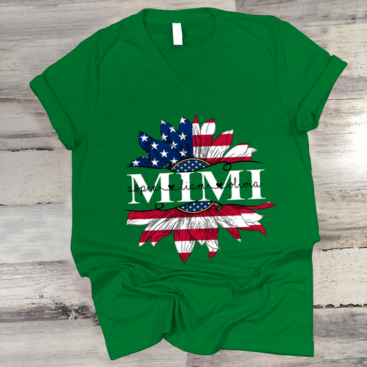 Mimi And Grandkids Sunflower Flag American V-Neck
