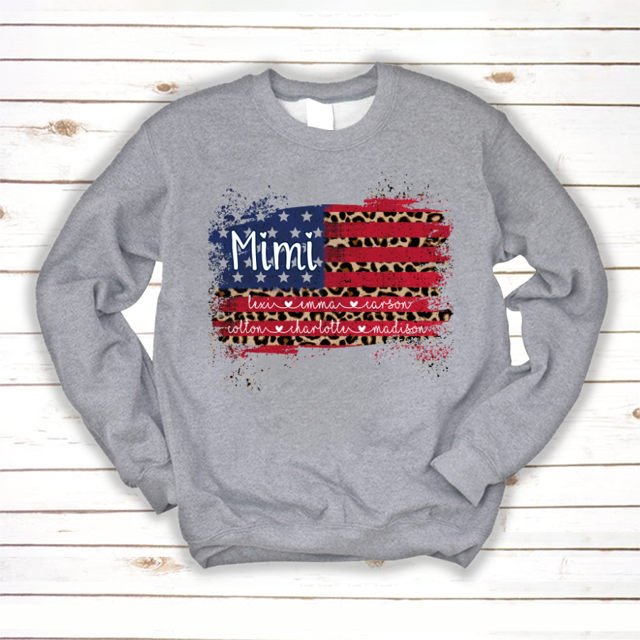 Mimi Grandma Flag Leopard American Kid Names Custom Sweatshirt