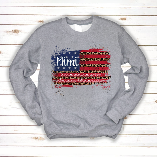 Mimi Grandma Flag Leopard American Kid Names Custom Sweatshirt