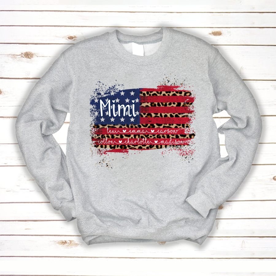 Mimi Grandma Flag Leopard American Kid Names Custom Sweatshirt