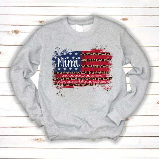 Mimi Grandma Flag Leopard American Kid Names Custom Sweatshirt