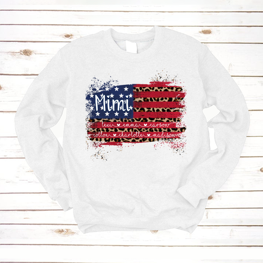 Mimi Grandma Flag Leopard American Kid Names Custom Sweatshirt