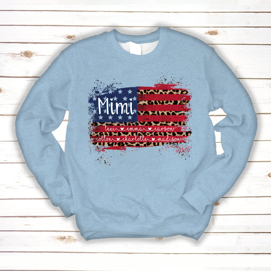 Mimi Grandma Flag Leopard American Kid Names Custom Sweatshirt