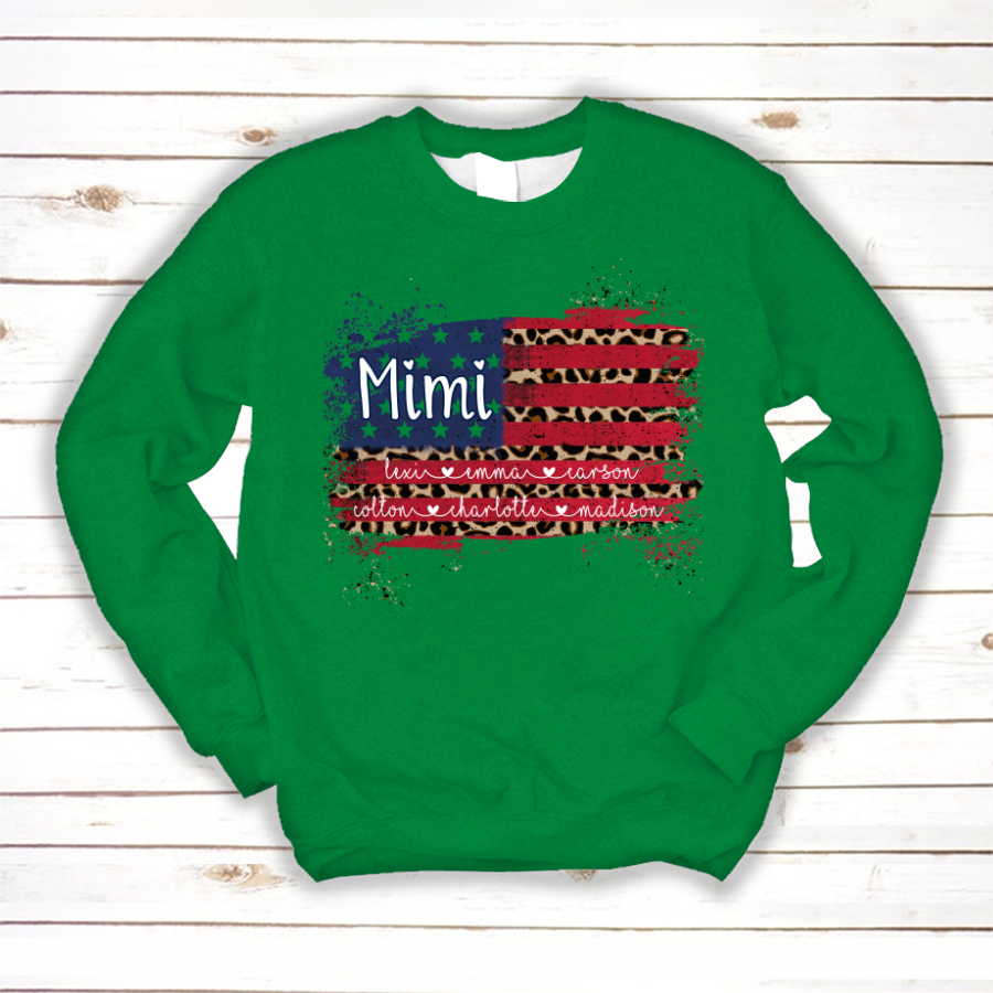 Mimi Grandma Flag Leopard American Kid Names Custom Sweatshirt