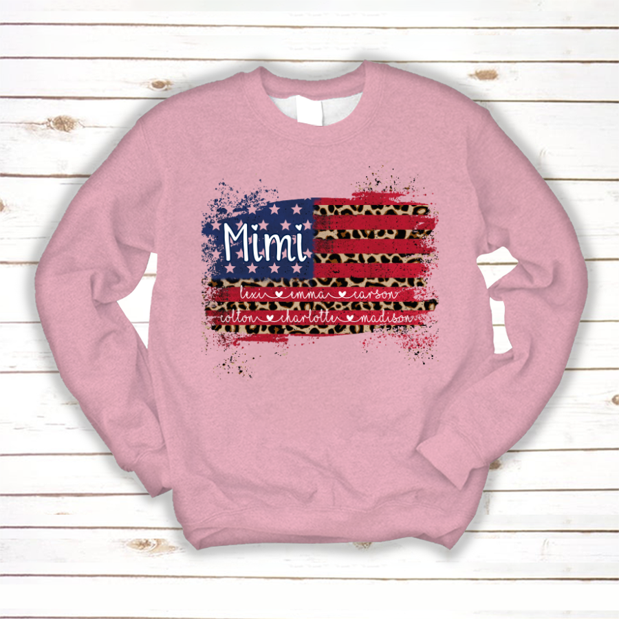 Mimi Grandma Flag Leopard American Kid Names Custom Sweatshirt