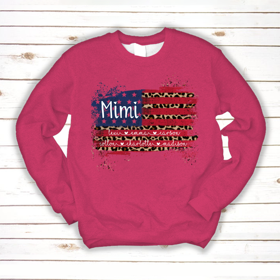 Mimi Grandma Flag Leopard American Kid Names Custom Sweatshirt